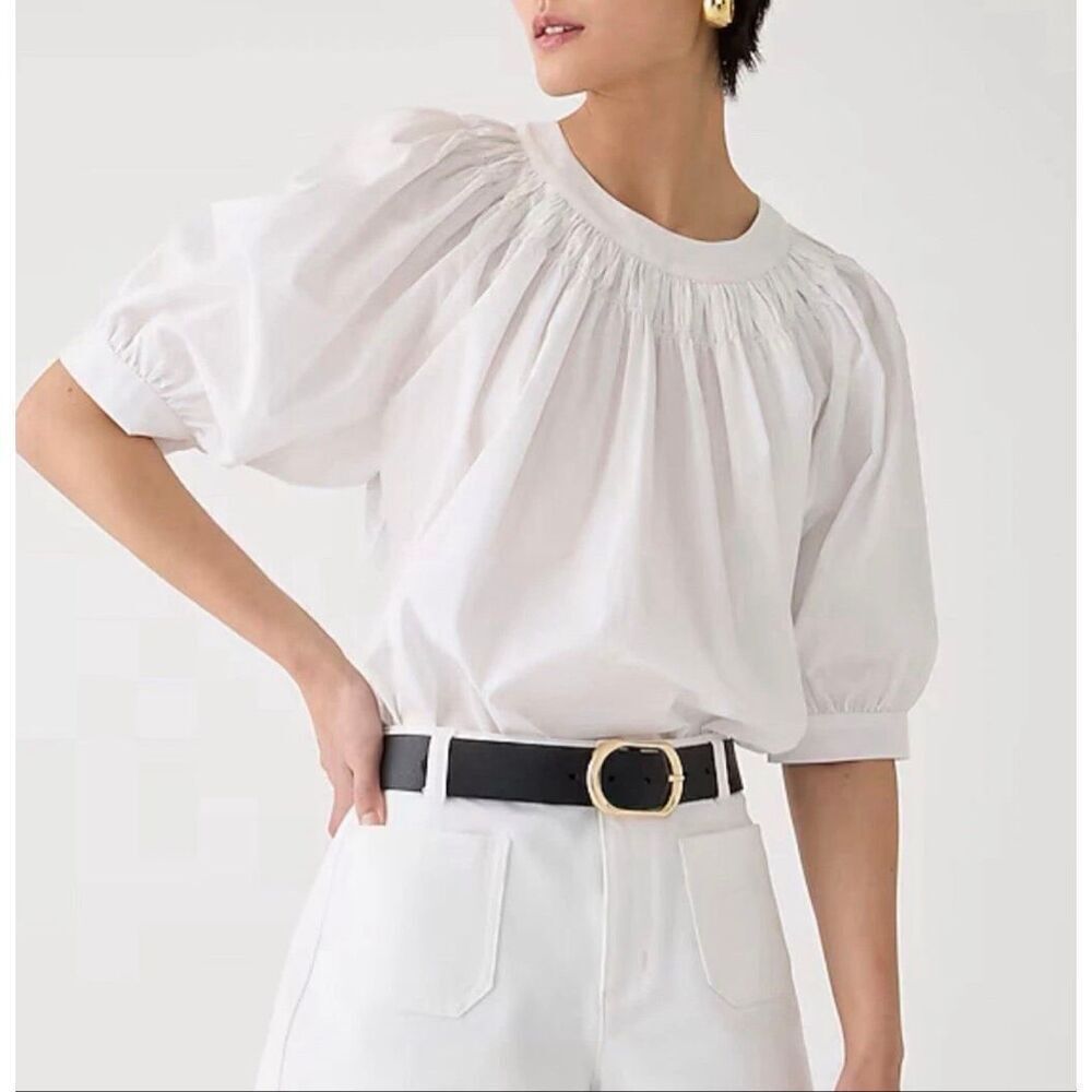 J CREW Top Smock Neck Blouse Puff Short Sleeve Cotton Poplin White size XXL